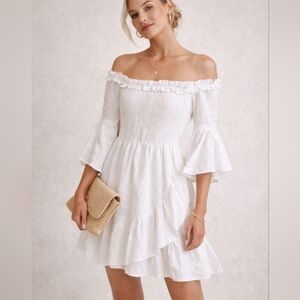White Linen Off-Shoulder Boho Dress Smocked Ruffle Summer Cottagecore Dainty